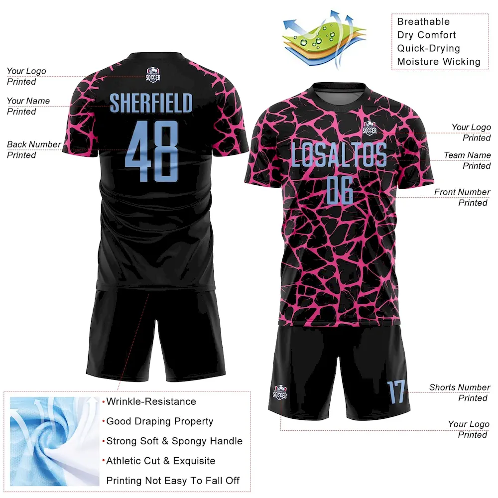 Custom Black Light Blue-Pink Abstract Network Splash Sublimation Soccer Uniform Jersey - Image 4
