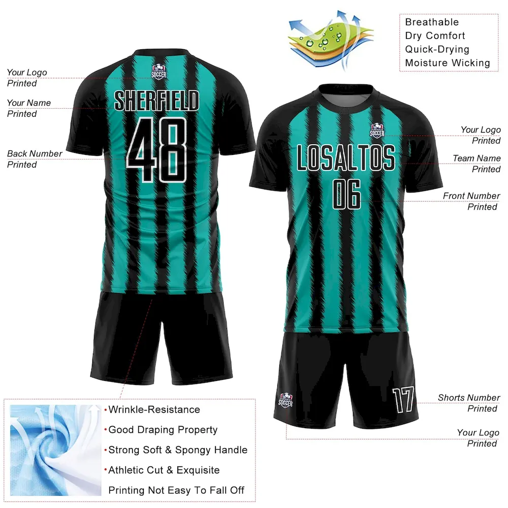 Custom Black Aqua-White Line Sublimation Soccer Uniform Jersey - Image 4