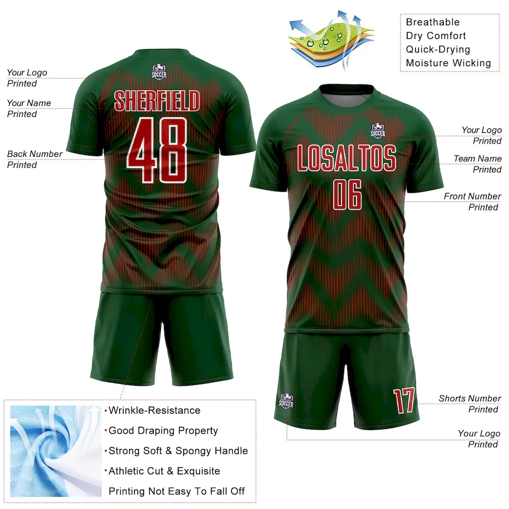 Custom Green Red-White Line Sublimation Soccer Uniform Jersey - Image 4