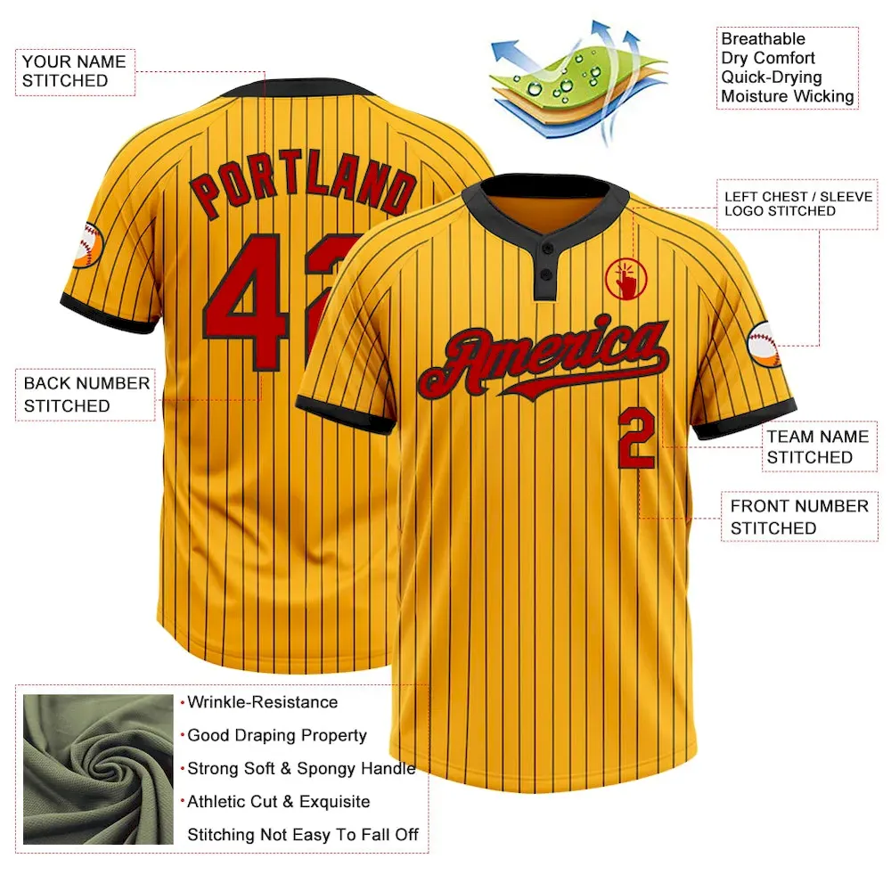 Custom Gold Black Pinstripe Red Two-Button Unisex Softball Jersey - Image 3