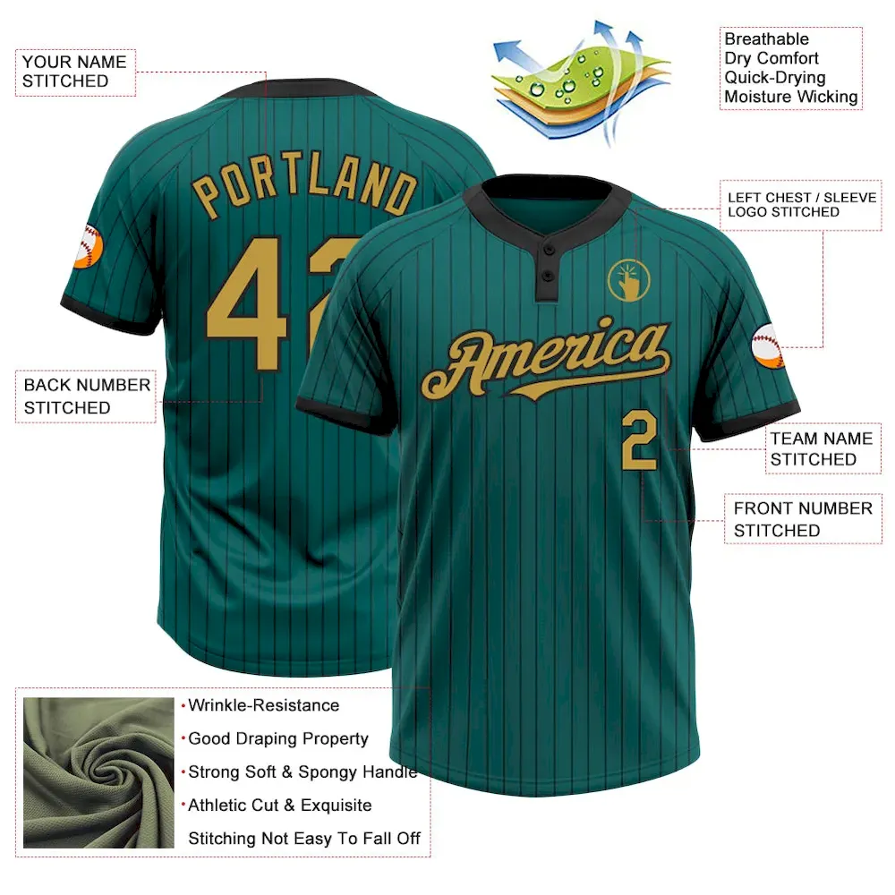 Custom Teal Black Pinstripe Old Gold Two-Button Unisex Softball Jersey - Image 3