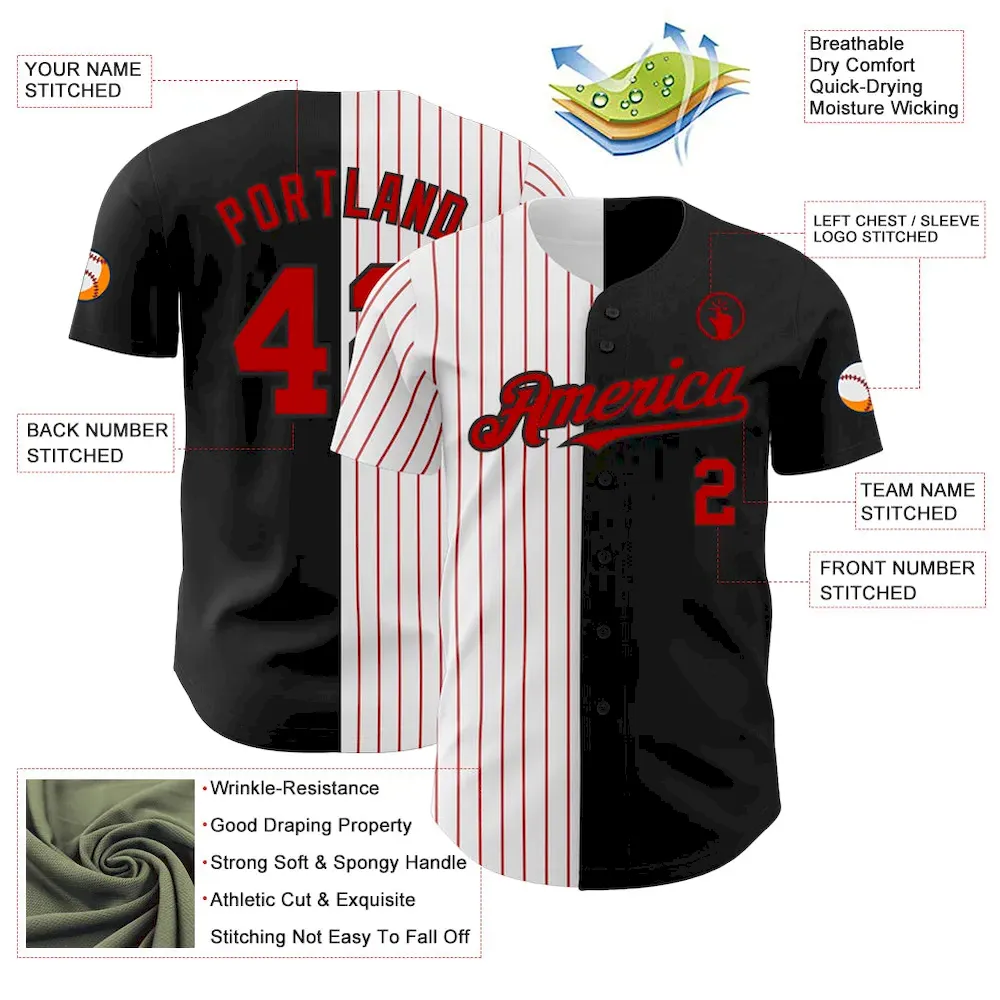 Custom Black White-Red Pinstripe Authentic Split Fashion Baseball Jersey - Image 3