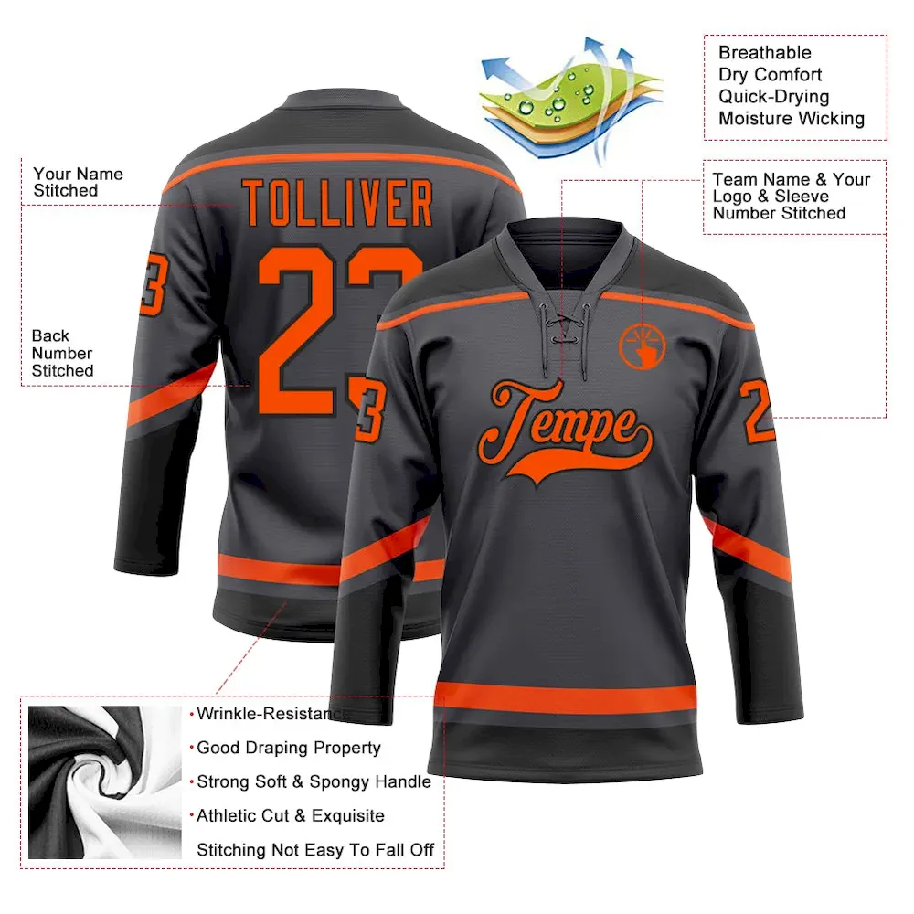 Custom Steel Gray Orange-Black Hockey Lace Neck Jersey - Image 3