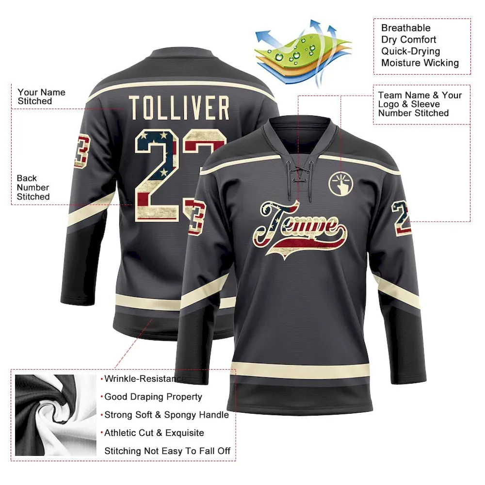Custom Steel Gray Vintage USA Flag Cream-Black Hockey Lace Neck Jersey - Image 3