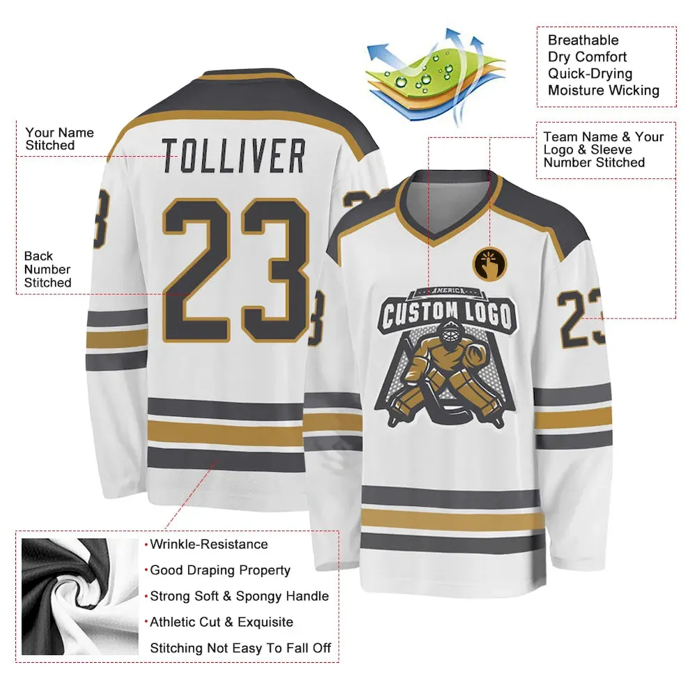Custom White Steel Gray-Old Gold Hockey Jersey - Image 3