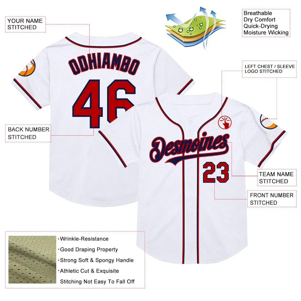 Custom White Red-Navy Mesh Authentic Throwback Baseball Jersey - Image 3