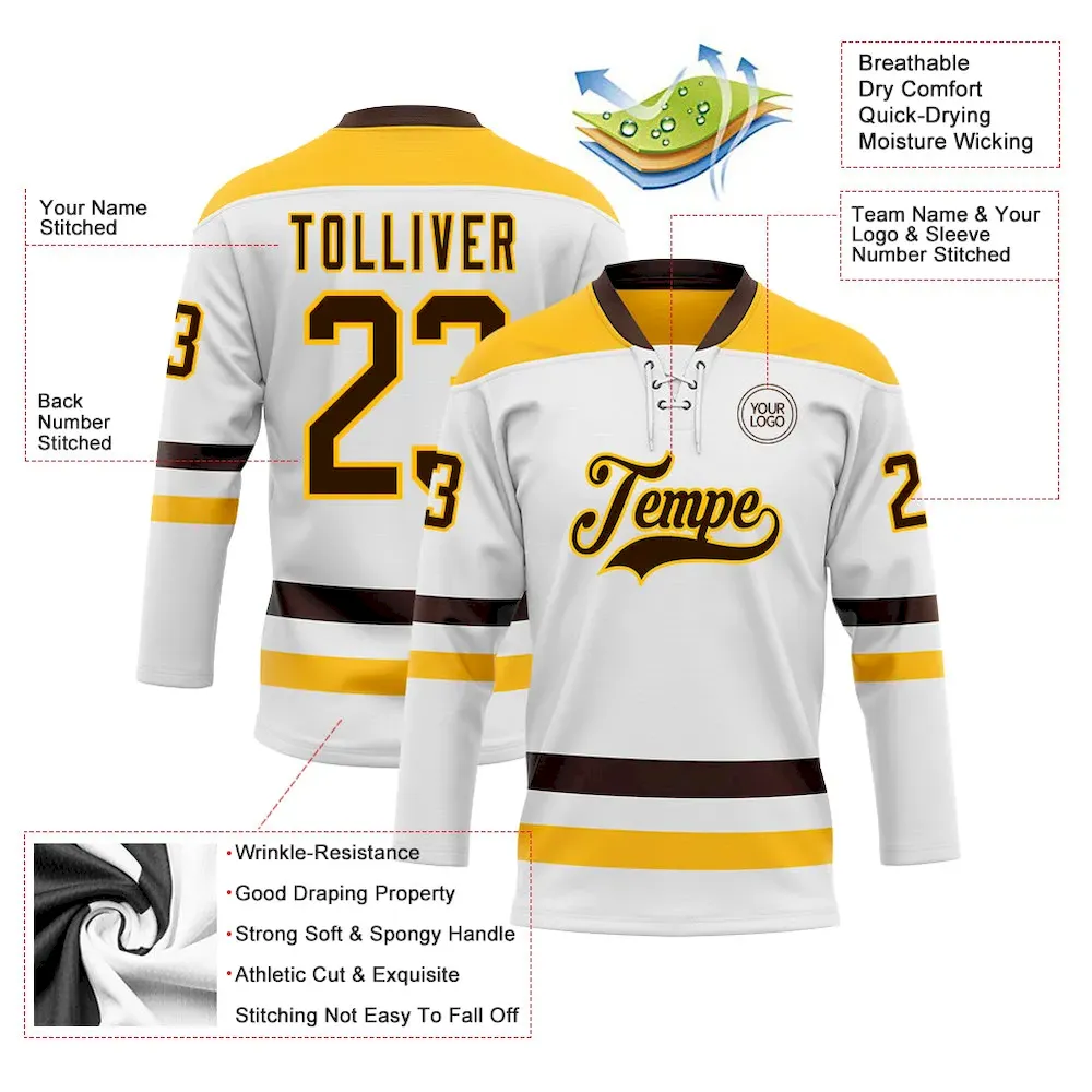 Custom White Brown-Gold Hockey Lace Neck Jersey - Image 3