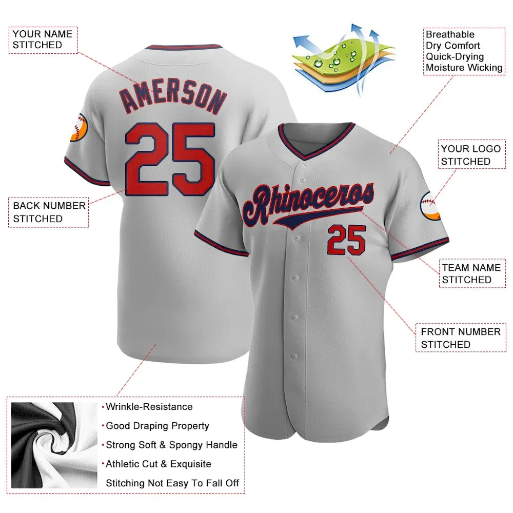 Custom Gray Red-Navy Authentic Baseball Jersey - Image 3